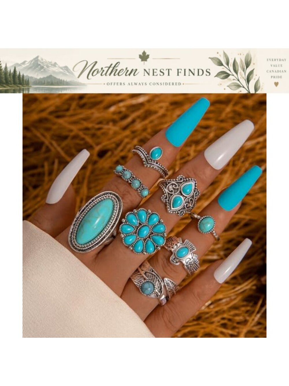 Turquoise Stackable Rings Set Boho Western Adjustable Alloy Ring - Picture 2 of 6